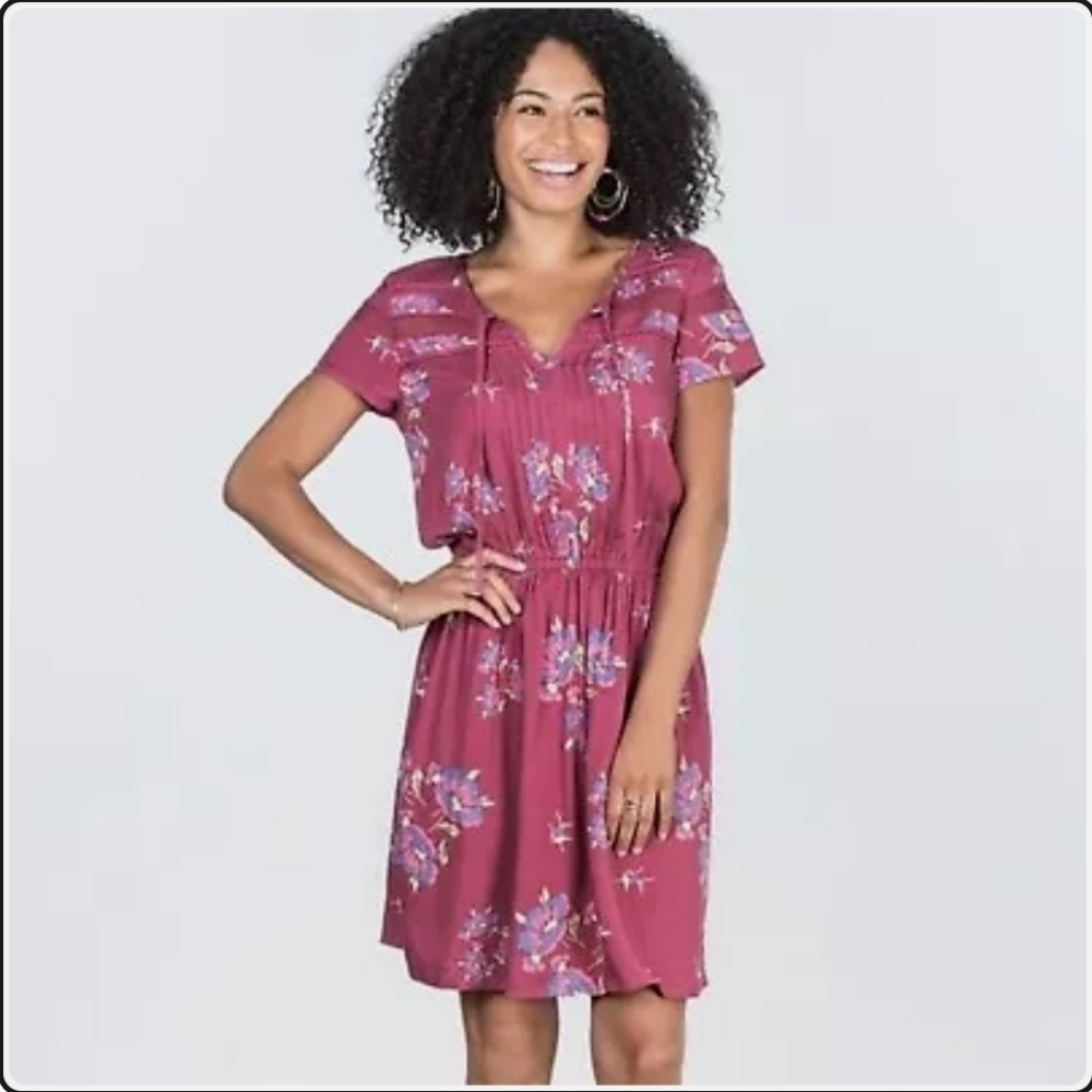 MATILDA JANE ART DRESS FLORAL PEASANT BLOUSON CASUAL SHORT SLEEVE TIE FRONT SZ M